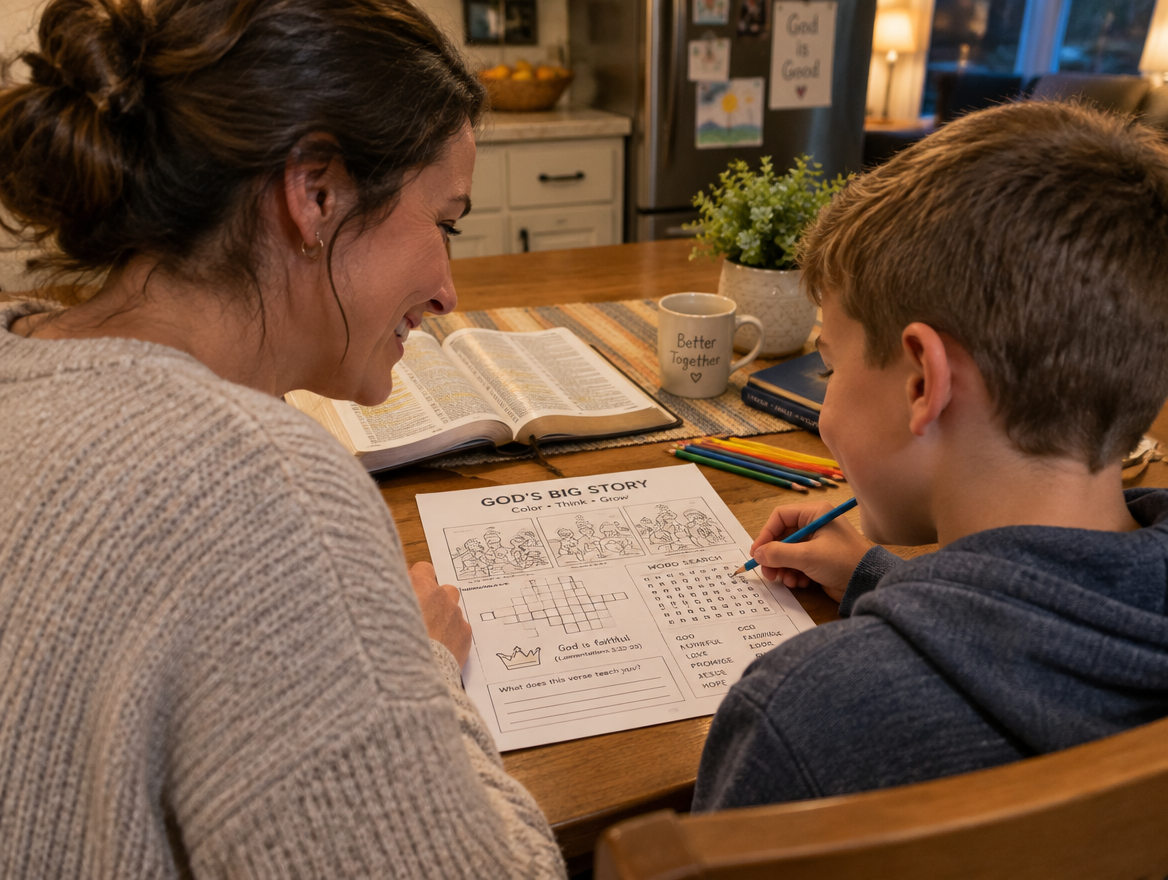 Mother and son doing a Bible worksheet