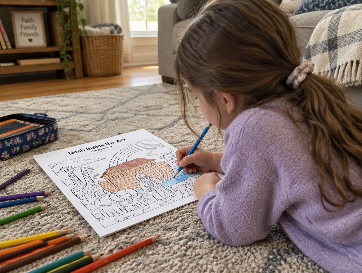 Girl coloring a Bible story page